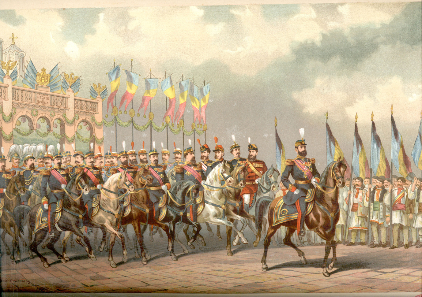 Regele Carol I cu suita, în Albumul Carelor Simbolice, cromolitografie, Biblioteca Academiei Române